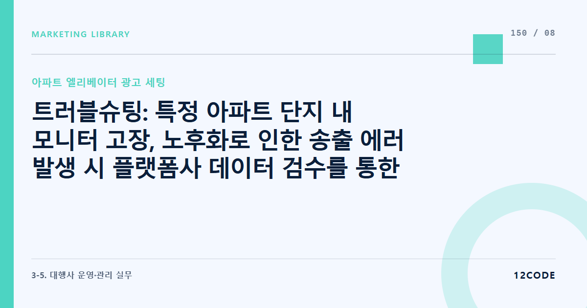 12code 라이브러리 아티클 표지. 트러블슈팅: 특정 아파트 단지 내 모니터 고장, 노후화로 인한 송출 에러 발생 시 플랫폼사 데이터 검수를 통한 구좌 대체 및 광고 기간 연장 프로토콜
