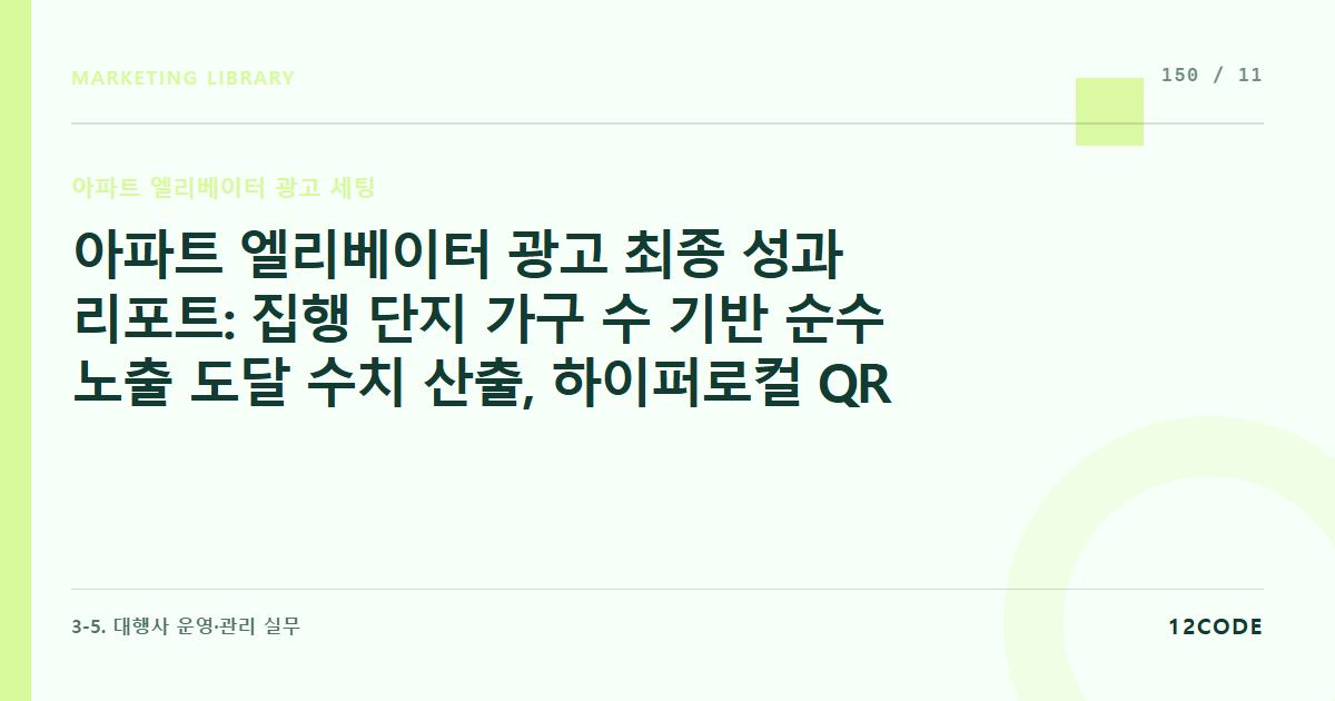 12code 라이브러리 아티클 표지. 아파트 엘리베이터 광고 최종 성과 리포트: 집행 단지 가구 수 기반 순수 노출 도달 수치 산출, 하이퍼로컬 QR코드 발 유입 유저의 자사몰 첫 구매 전환 단가(CAC) 정산