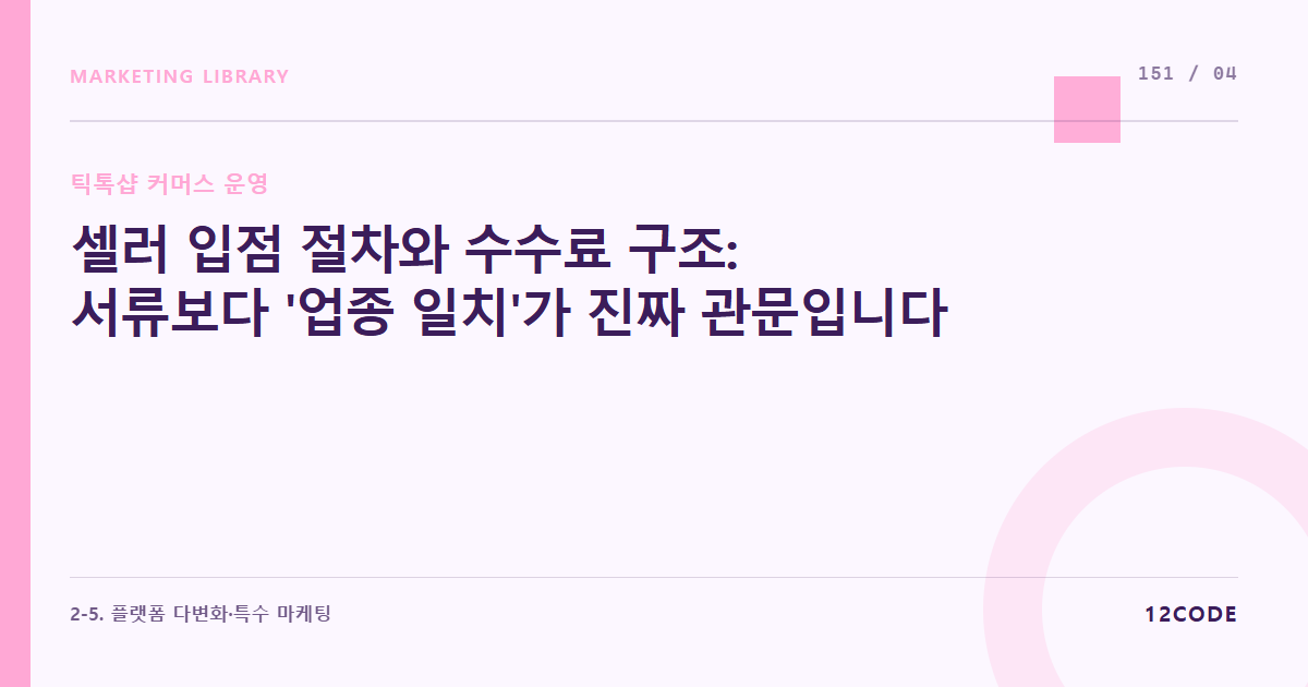 12code 라이브러리 아티클 표지. 셀러 입점 절차와 수수료 구조: 서류보다 '업종 일치'가 진짜 관문입니다