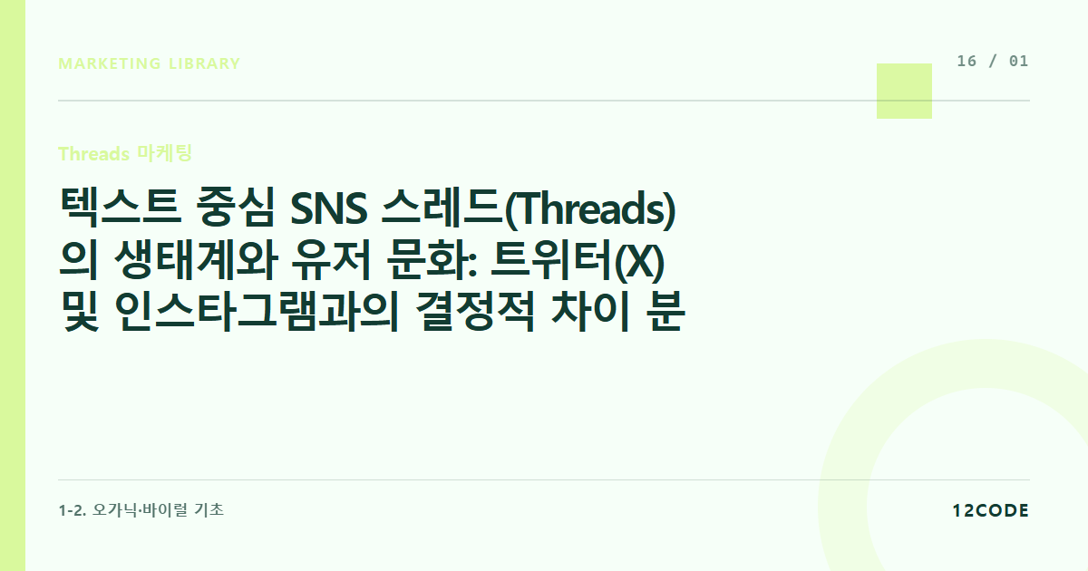 12code 라이브러리 아티클 표지. 텍스트 중심 SNS 스레드(Threads)의 생태계와 유저 문화: 트위터(X) 및 인스타그램과의 결정적 차이 분석
