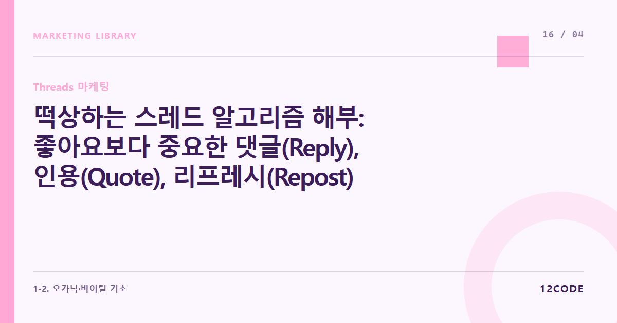 12code 라이브러리 아티클 표지. 떡상하는 스레드 알고리즘 해부: 좋아요보다 중요한 댓글(Reply), 인용(Quote), 리프레시(Repost) 유도형 질문 던지기 테크닉