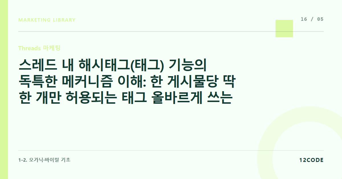 12code 라이브러리 아티클 표지. 스레드 내 해시태그(태그) 기능의 독특한 메커니즘 이해: 한 게시물당 딱 한 개만 허용되는 태그 올바르게 쓰는 법