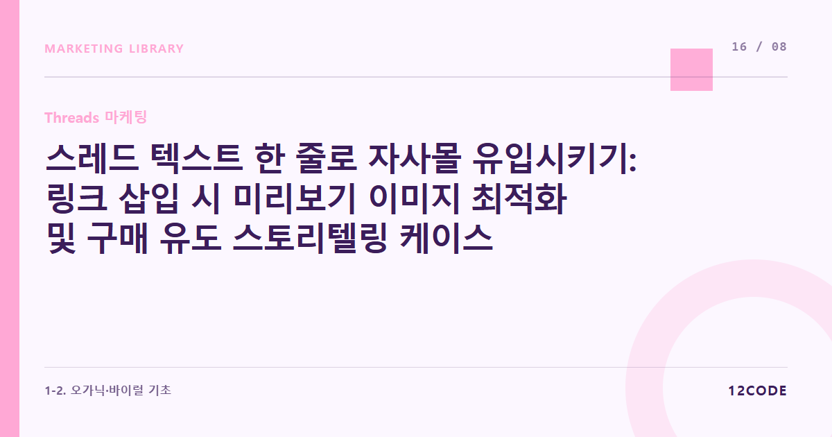 12code 라이브러리 아티클 표지. 스레드 텍스트 한 줄로 자사몰 유입시키기: 링크 삽입 시 미리보기 이미지 최적화 및 구매 유도 스토리텔링 케이스 스터디