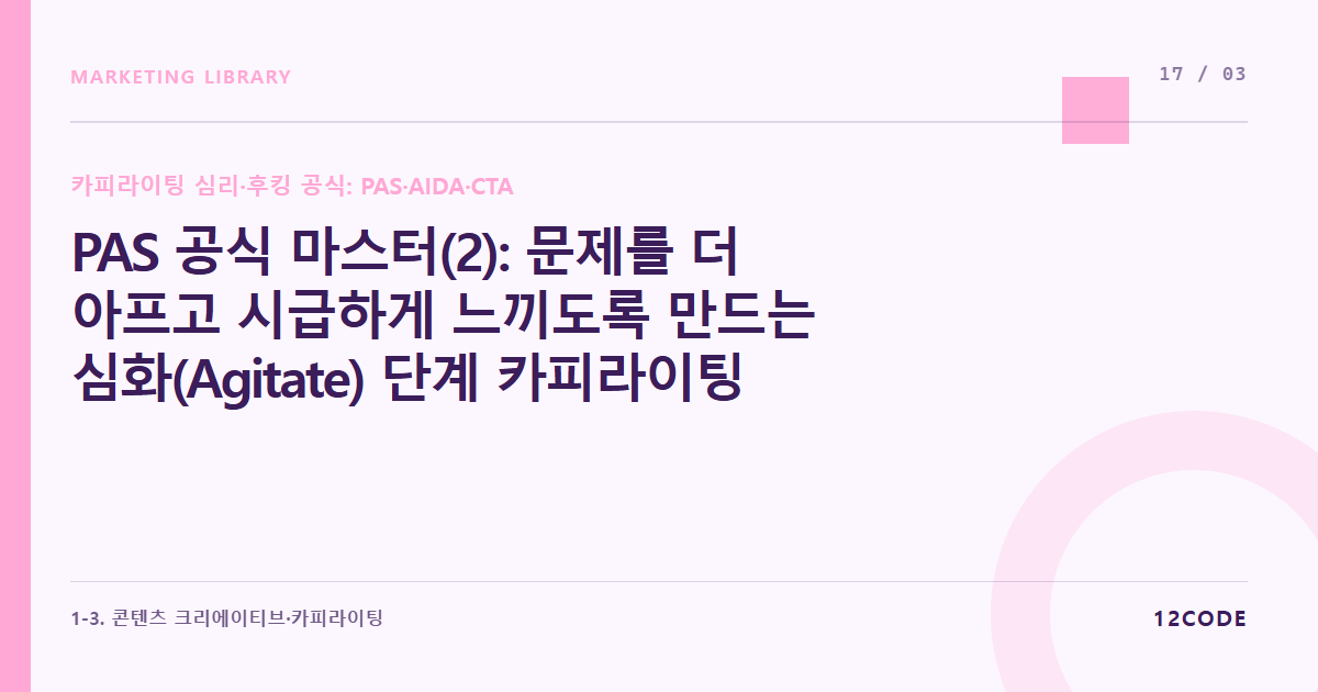 12code 라이브러리 아티클 표지. PAS 공식 마스터(2): 문제를 더 아프고 시급하게 느끼도록 만드는 심화(Agitate) 단계 카피라이팅