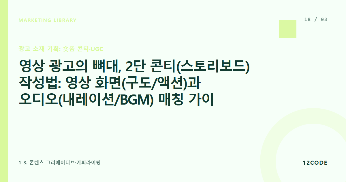 12code 라이브러리 아티클 표지. 영상 광고의 뼈대, 2단 콘티(스토리보드) 작성법: 영상 화면(구도/액션)과 오디오(내레이션/BGM) 매칭 가이드