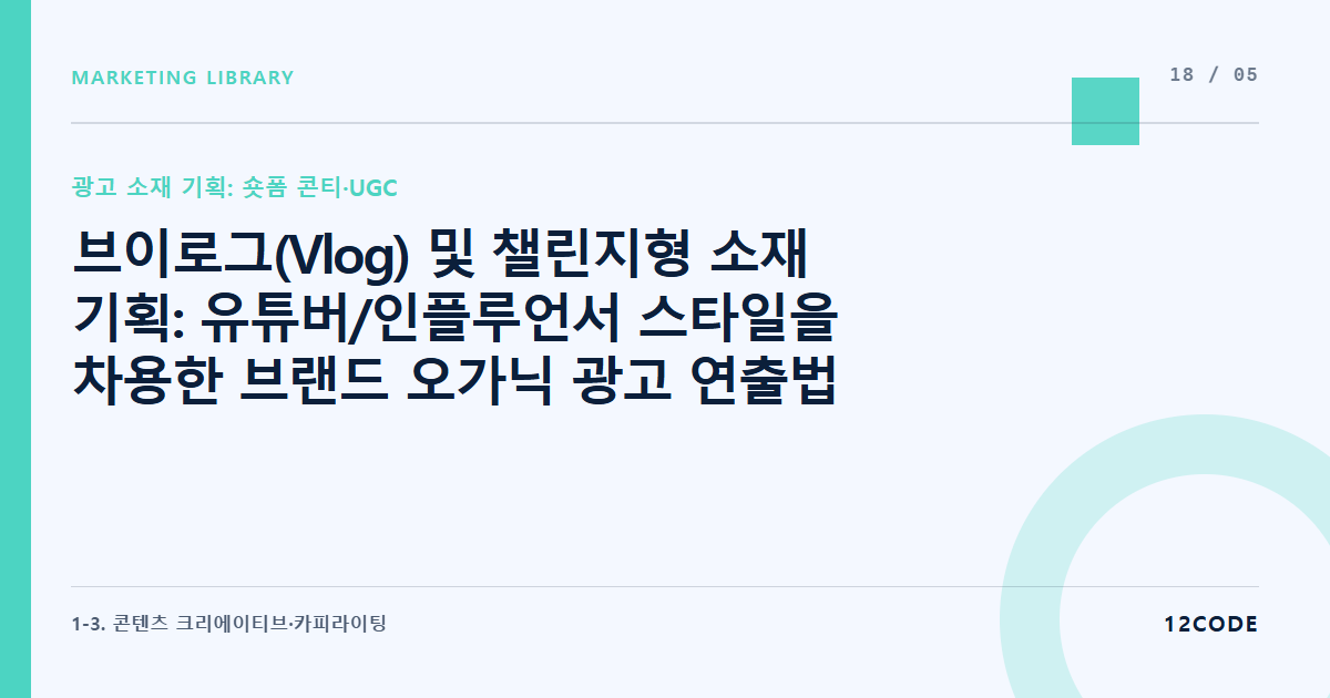 12code 라이브러리 아티클 표지. 브이로그(Vlog) 및 챌린지형 소재 기획: 유튜버/인플루언서 스타일을 차용한 브랜드 오가닉 광고 연출법