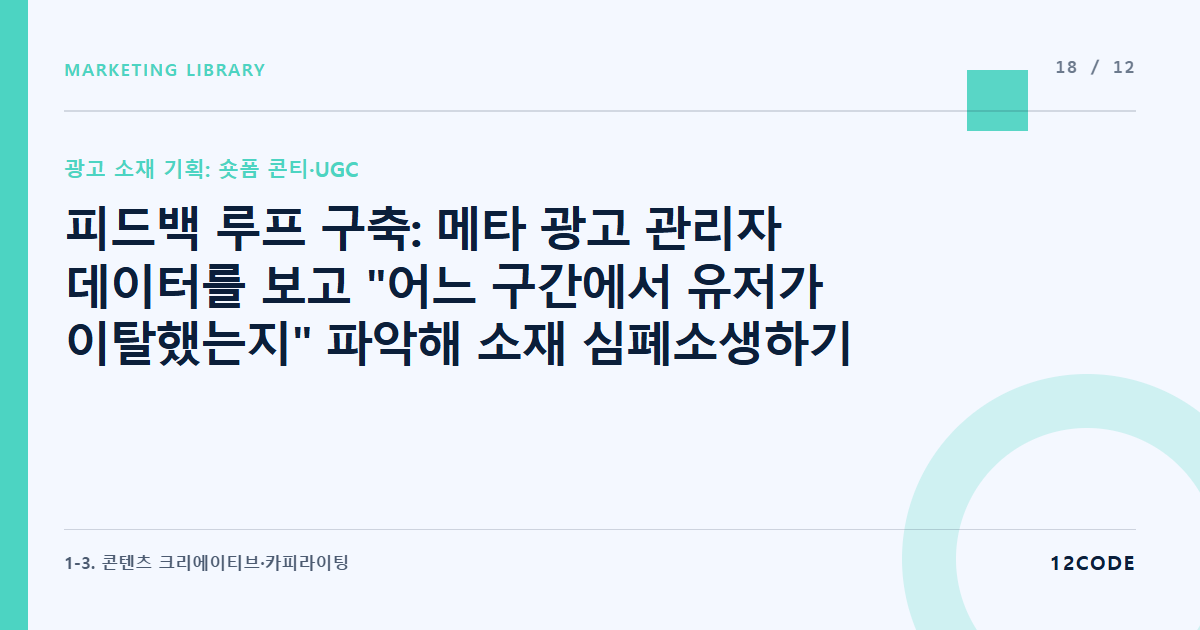12code 라이브러리 아티클 표지. 피드백 루프 구축: 메타 광고 관리자 데이터를 보고 "어느 구간에서 유저가 이탈했는지" 파악해 소재 심폐소생하기