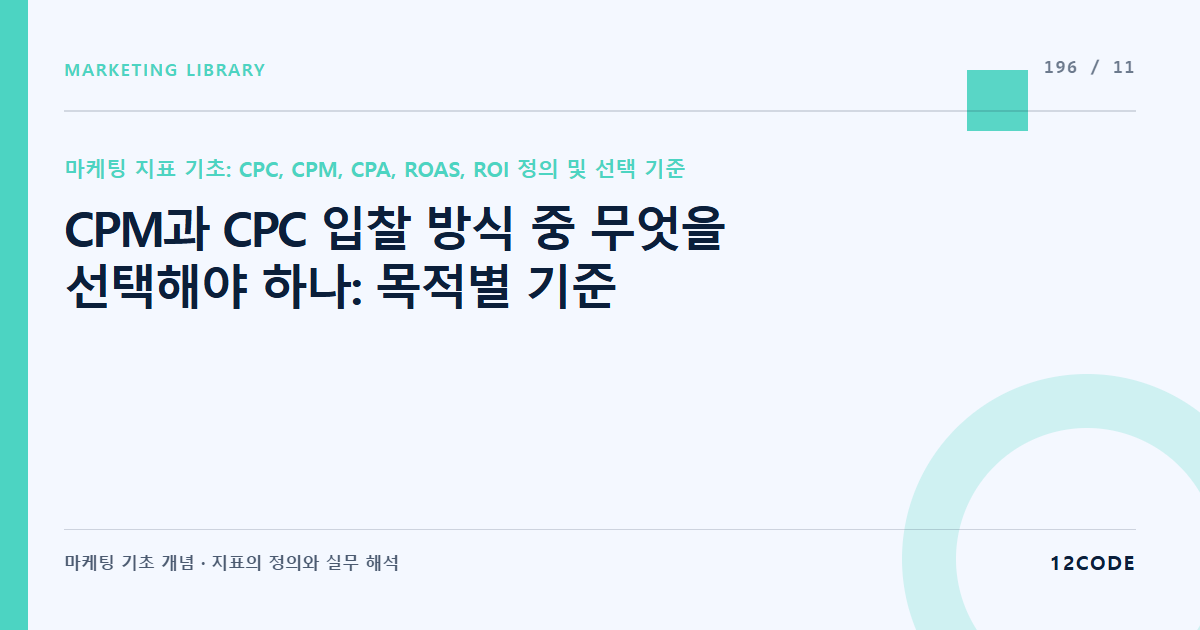 12code 라이브러리 아티클 표지. CPM과 CPC 입찰 방식 중 무엇을 선택해야 하나: 목적별 기준