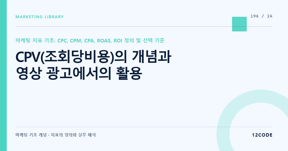 12code 라이브러리 아티클 표지. CPV(조회당비용)의 개념과 영상 광고에서의 활용