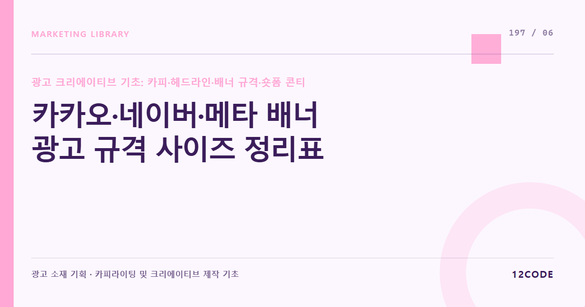 12code 라이브러리 아티클 표지. 카카오·네이버·메타 배너 광고 규격 사이즈 정리표