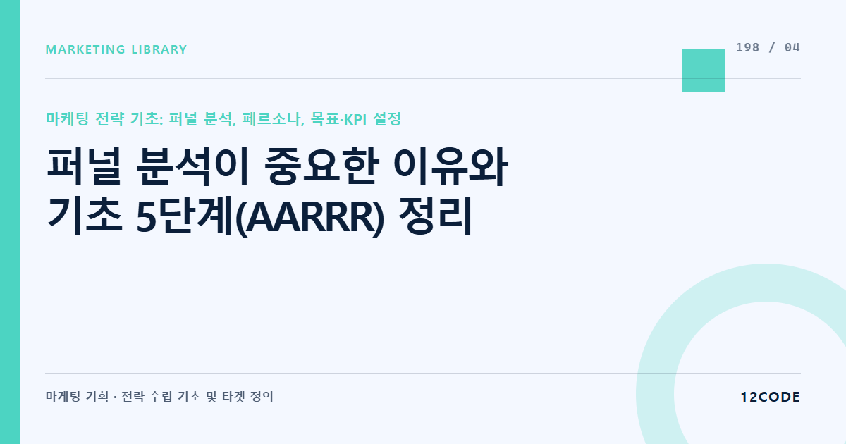 12code 라이브러리 아티클 표지. 퍼널 분석이 중요한 이유와 기초 5단계(AARRR) 정리