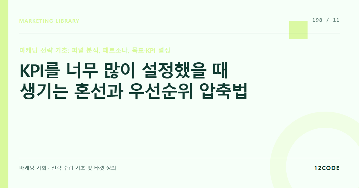 12code 라이브러리 아티클 표지. KPI를 너무 많이 설정했을 때 생기는 혼선과 우선순위 압축법