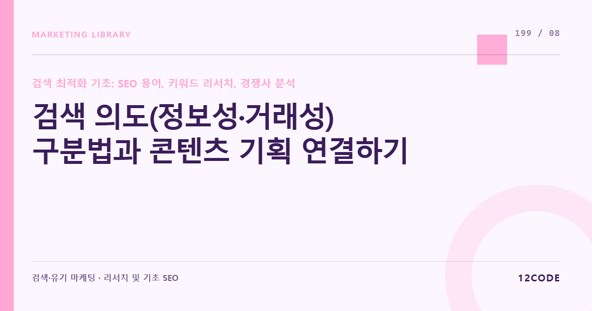 12code 라이브러리 아티클 표지. 검색 의도(정보성·거래성) 구분법과 콘텐츠 기획 연결하기
