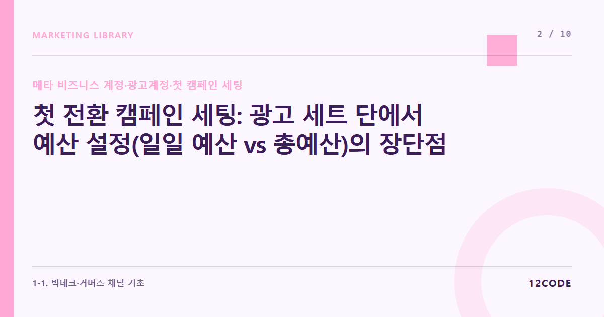 12code 라이브러리 아티클 표지. 첫 전환 캠페인 세팅: 광고 세트 단에서 예산 설정(일일 예산 vs 총예산)의 장단점