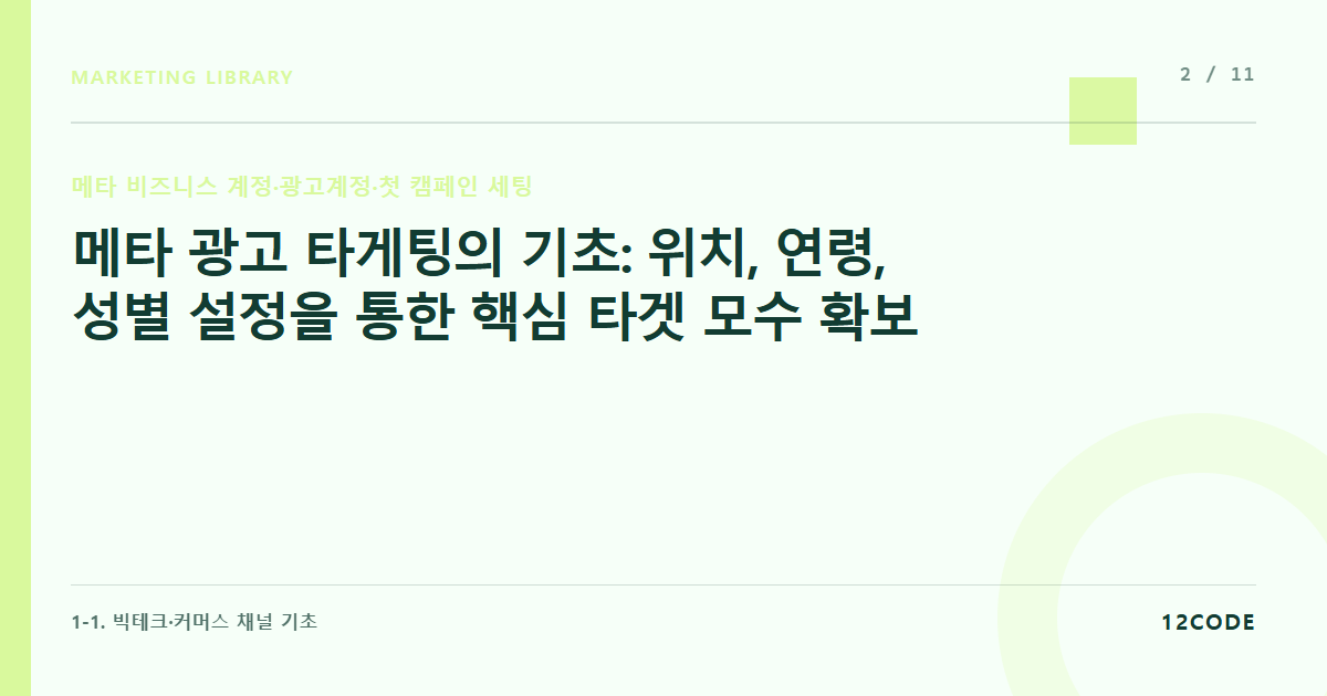 12code 라이브러리 아티클 표지. 메타 광고 타게팅의 기초: 위치, 연령, 성별 설정을 통한 핵심 타겟 모수 확보