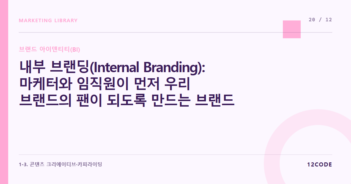 12code 라이브러리 아티클 표지. 내부 브랜딩(Internal Branding): 마케터와 임직원이 먼저 우리 브랜드의 팬이 되도록 만드는 브랜드 철학 공유 훈련