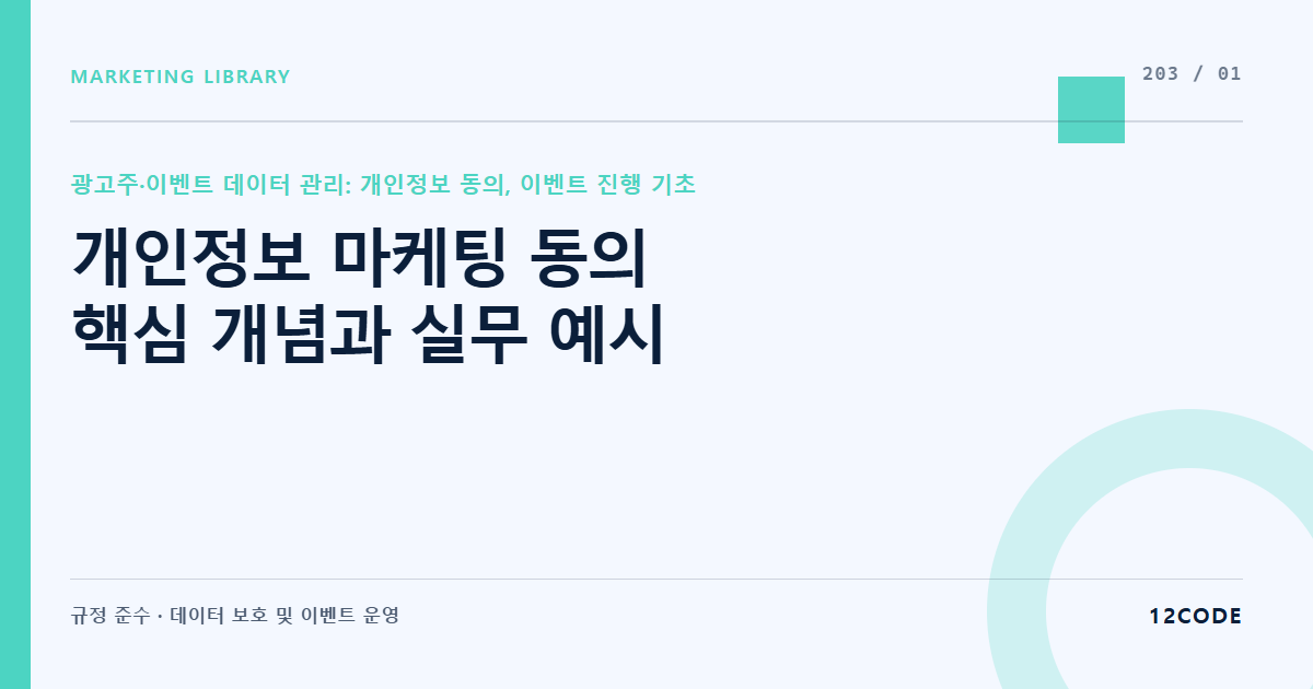 12code 라이브러리 아티클 표지. 개인정보 마케팅 동의 핵심 개념과 실무 예시