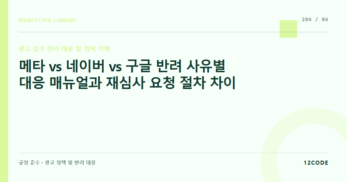 12code 라이브러리 아티클 표지. 메타 vs 네이버 vs 구글 반려 사유별 대응 매뉴얼과 재심사 요청 절차 차이