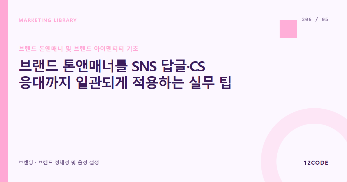 12code 라이브러리 아티클 표지. 브랜드 톤앤매너를 SNS 답글·CS 응대까지 일관되게 적용하는 실무 팁