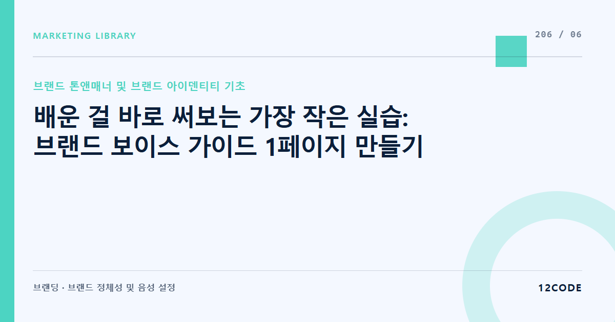 12code 라이브러리 아티클 표지. 배운 걸 바로 써보는 가장 작은 실습: 브랜드 보이스 가이드 1페이지 만들기