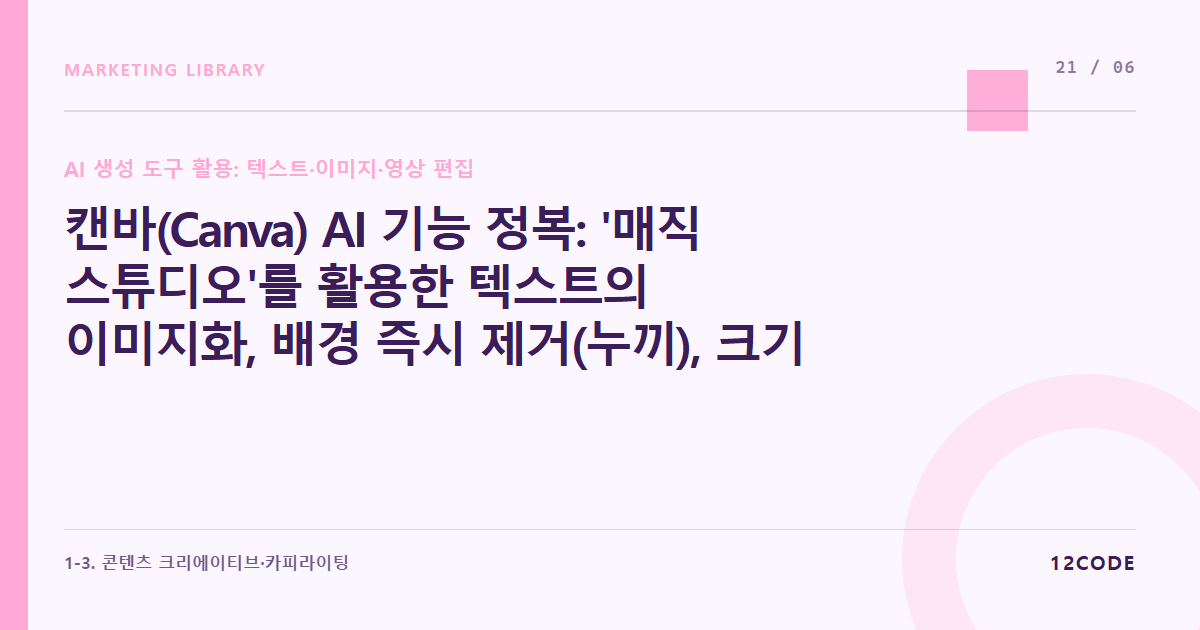 12code 라이브러리 아티클 표지. 캔바(Canva) AI 기능 정복: '매직 스튜디오'를 활용한 텍스트의 이미지화, 배경 즉시 제거(누끼), 크기 자동 조정 실무