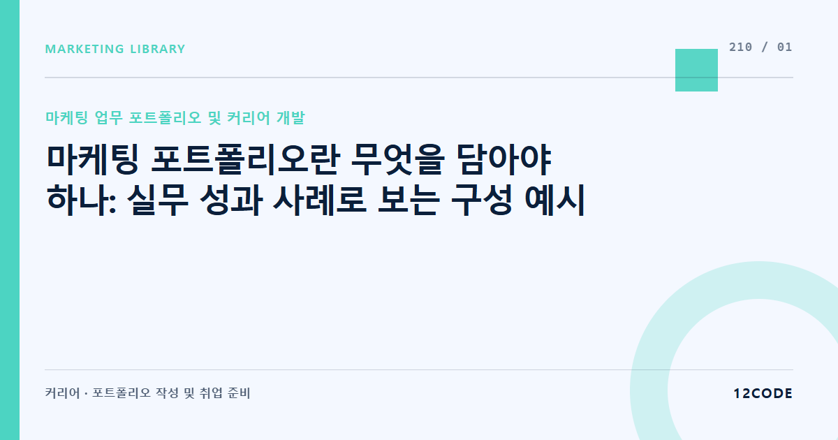 12code 라이브러리 아티클 표지. 마케팅 포트폴리오란 무엇을 담아야 하나: 실무 성과 사례로 보는 구성 예시