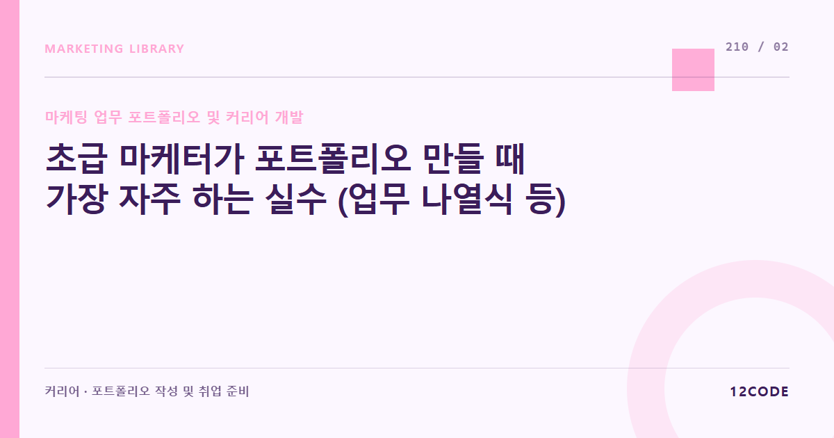12code 라이브러리 아티클 표지. 초급 마케터가 포트폴리오 만들 때 가장 자주 하는 실수 (업무 나열식 등)