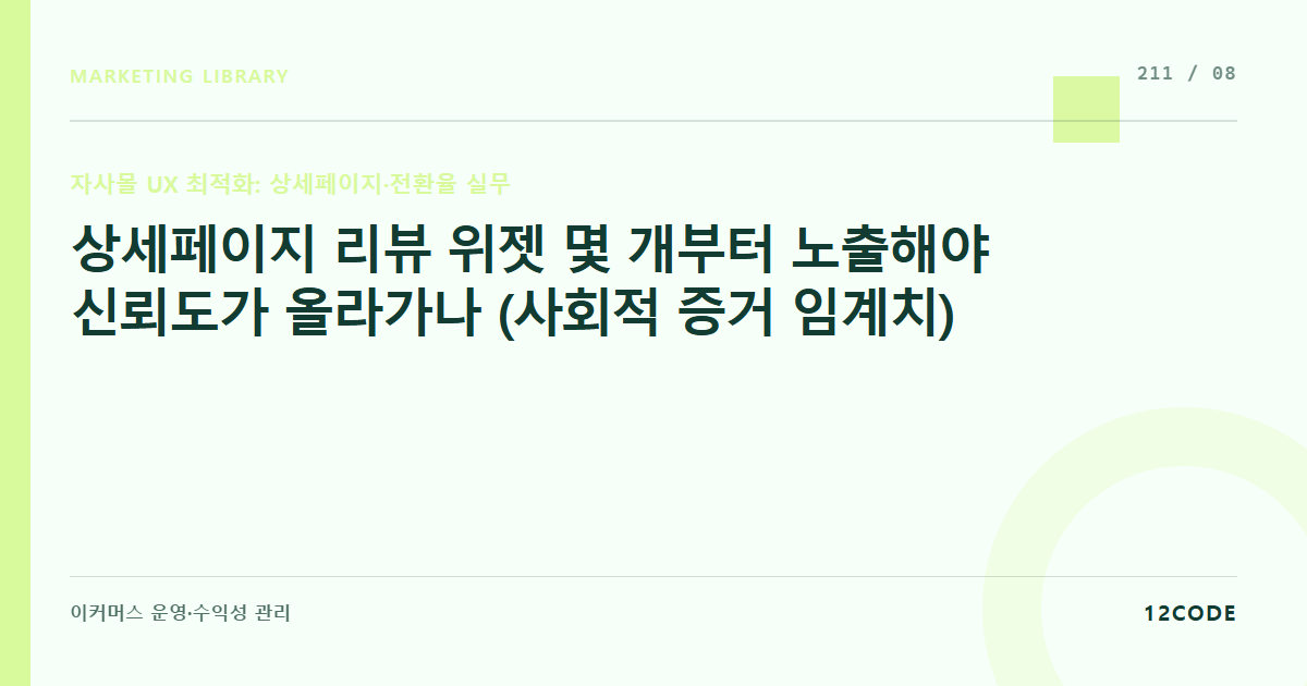 12code 라이브러리 아티클 표지. 상세페이지 리뷰 위젯 몇 개부터 노출해야 신뢰도가 올라가나 (사회적 증거 임계치)