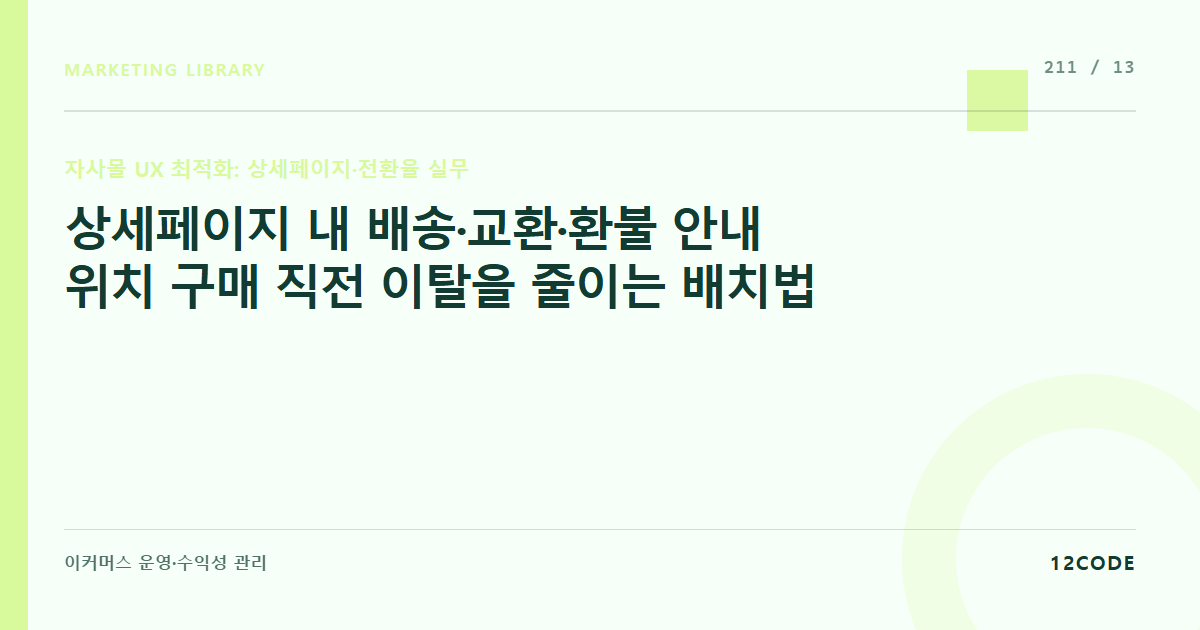 12code 라이브러리 아티클 표지. 상세페이지 내 배송·교환·환불 안내 위치 구매 직전 이탈을 줄이는 배치법