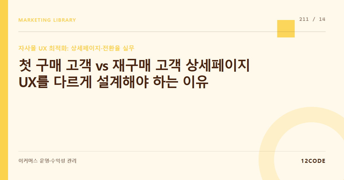 12code 라이브러리 아티클 표지. 첫 구매 고객 vs 재구매 고객 상세페이지 UX를 다르게 설계해야 하는 이유