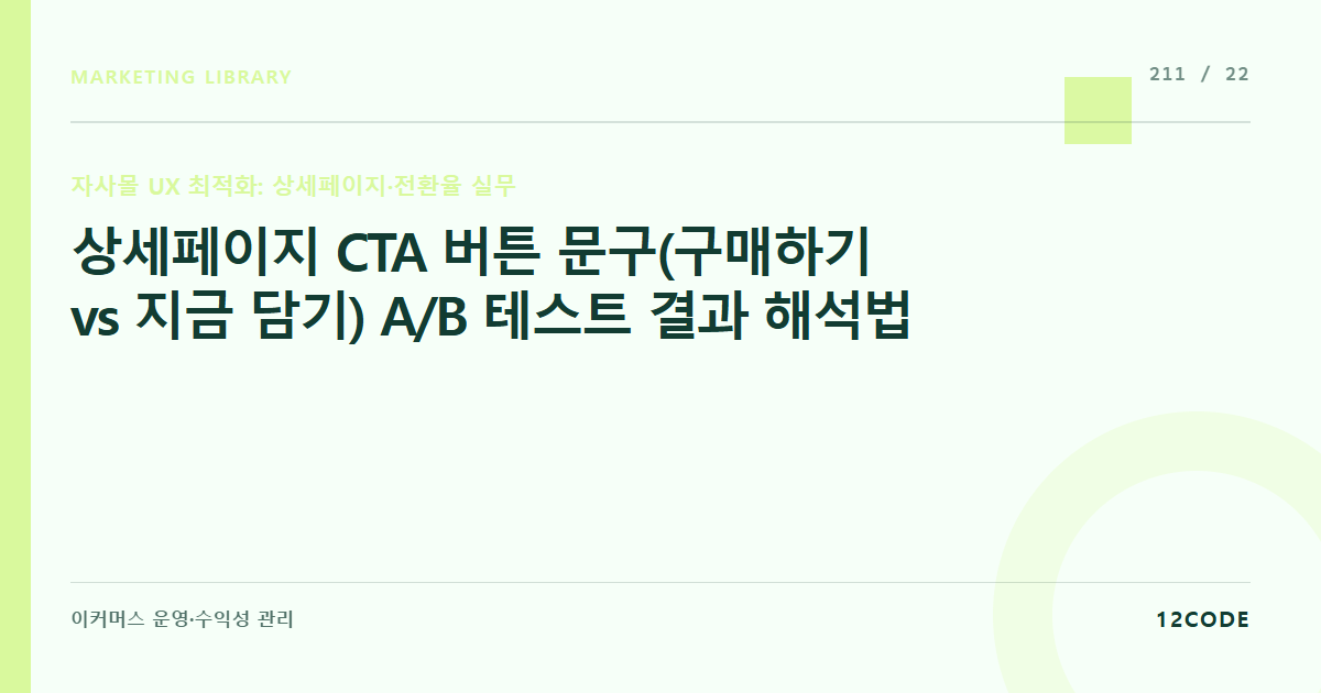 12code 라이브러리 아티클 표지. 상세페이지 CTA 버튼 문구(구매하기 vs 지금 담기) A/B 테스트 결과 해석법