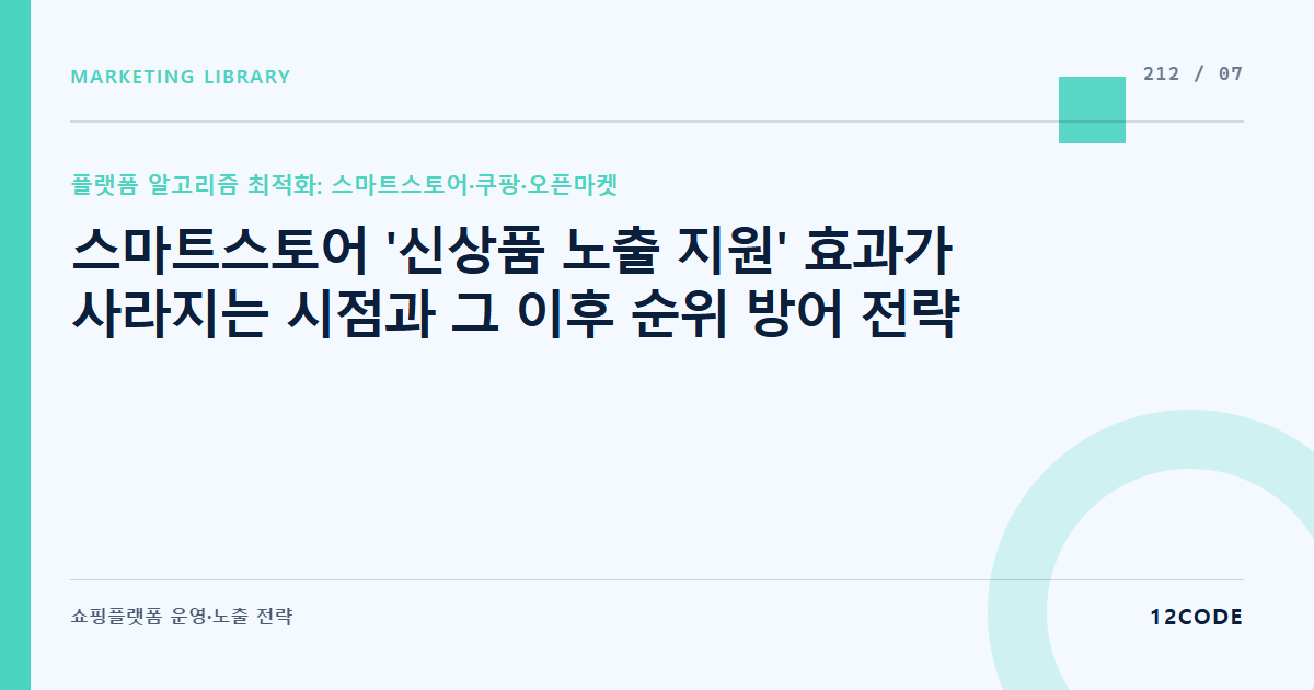 12code 라이브러리 아티클 표지. 스마트스토어 '신상품 노출 지원' 효과가 사라지는 시점과 그 이후 순위 방어 전략