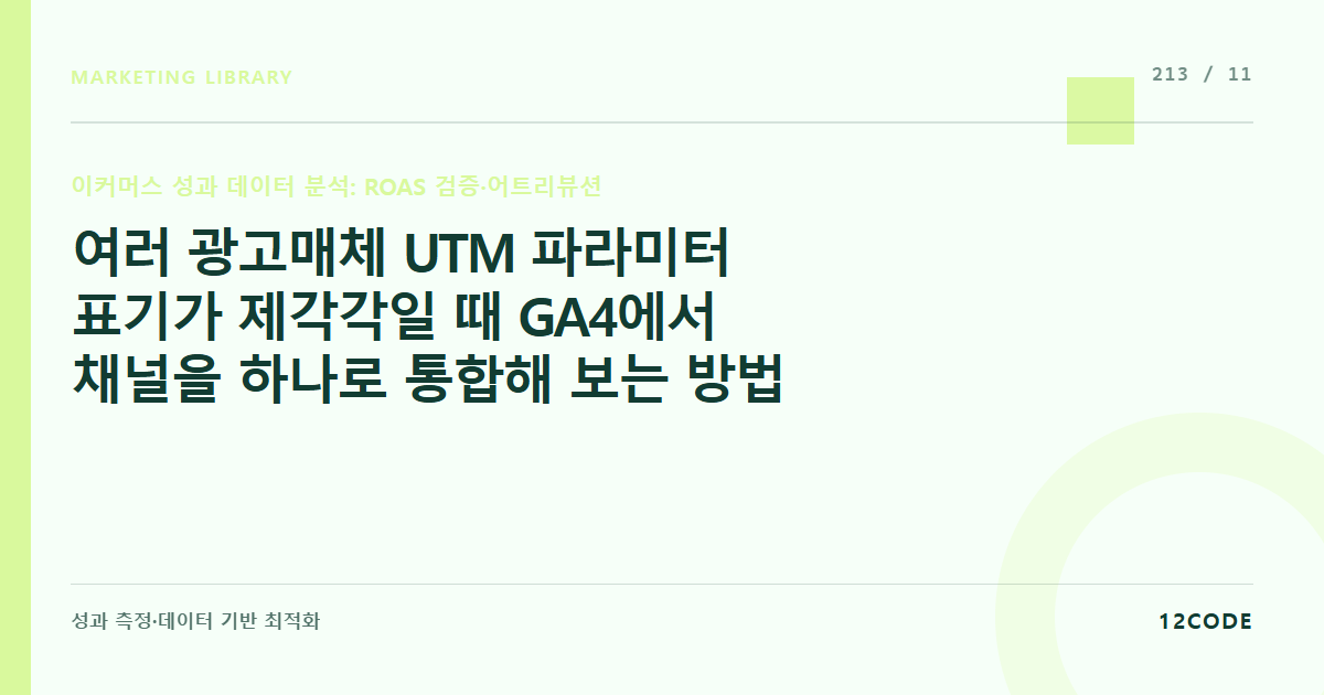12code 라이브러리 아티클 표지. 여러 광고매체 UTM 파라미터 표기가 제각각일 때 GA4에서 채널을 하나로 통합해 보는 방법