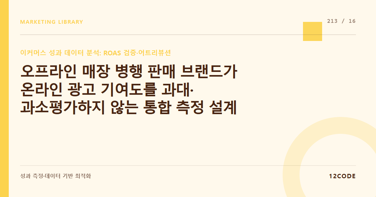 12code 라이브러리 아티클 표지. 오프라인 매장 병행 판매 브랜드가 온라인 광고 기여도를 과대·과소평가하지 않는 통합 측정 설계