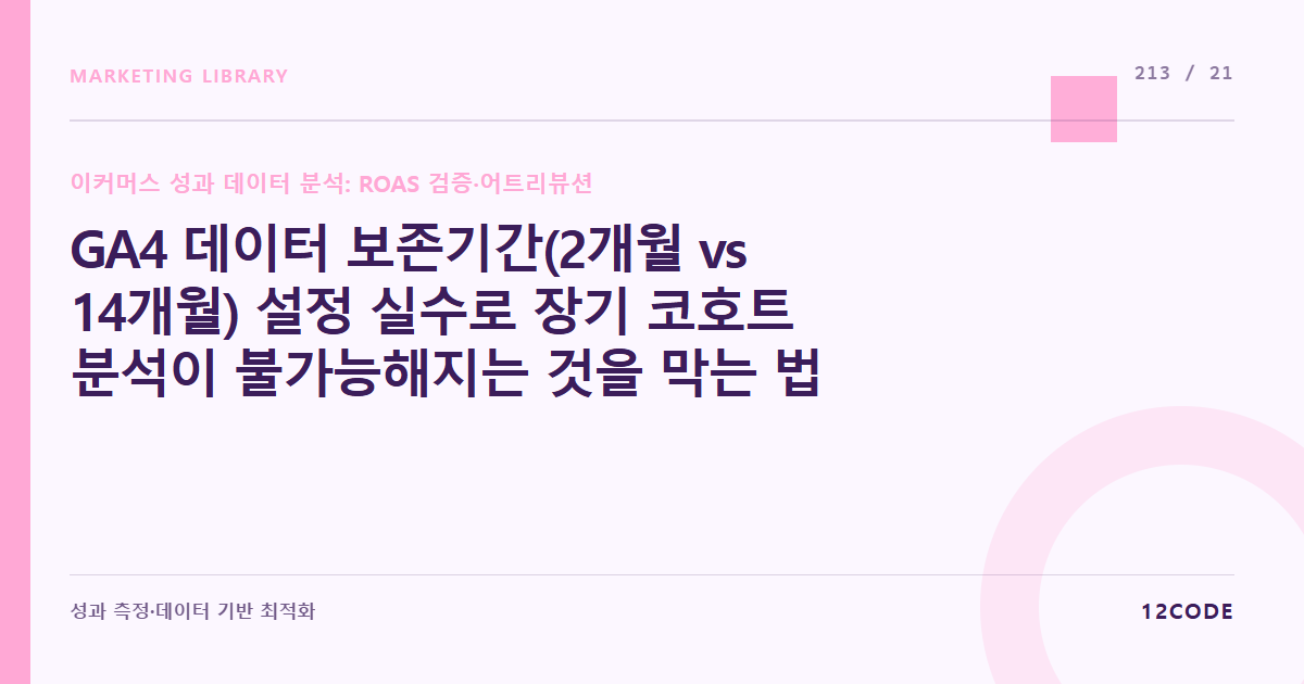 12code 라이브러리 아티클 표지. GA4 데이터 보존기간(2개월 vs 14개월) 설정 실수로 장기 코호트 분석이 불가능해지는 것을 막는 법