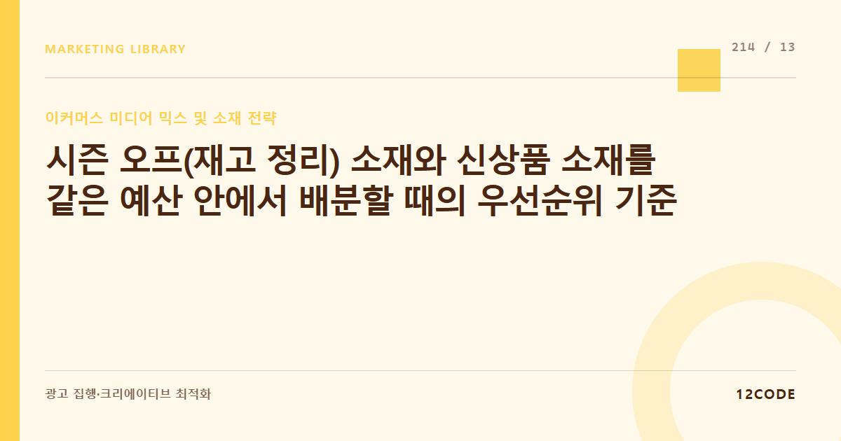 12code 라이브러리 아티클 표지. 시즌 오프(재고 정리) 소재와 신상품 소재를 같은 예산 안에서 배분할 때의 우선순위 기준