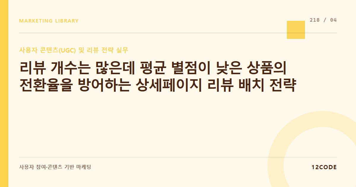 12code 라이브러리 아티클 표지. 리뷰 개수는 많은데 평균 별점이 낮은 상품의 전환율을 방어하는 상세페이지 리뷰 배치 전략