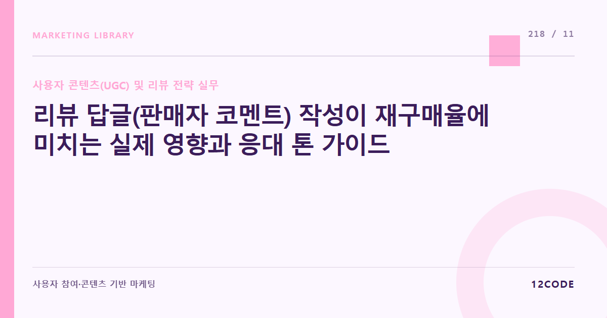 12code 라이브러리 아티클 표지. 리뷰 답글(판매자 코멘트) 작성이 재구매율에 미치는 실제 영향과 응대 톤 가이드