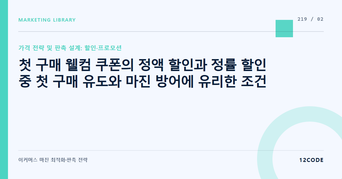 12code 라이브러리 아티클 표지. 첫 구매 웰컴 쿠폰의 정액 할인과 정률 할인 중 첫 구매 유도와 마진 방어에 유리한 조건
