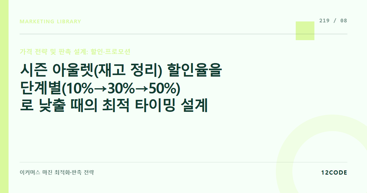 12code 라이브러리 아티클 표지. 시즌 아울렛(재고 정리) 할인율을 단계별(10%→30%→50%)로 낮출 때의 최적 타이밍 설계