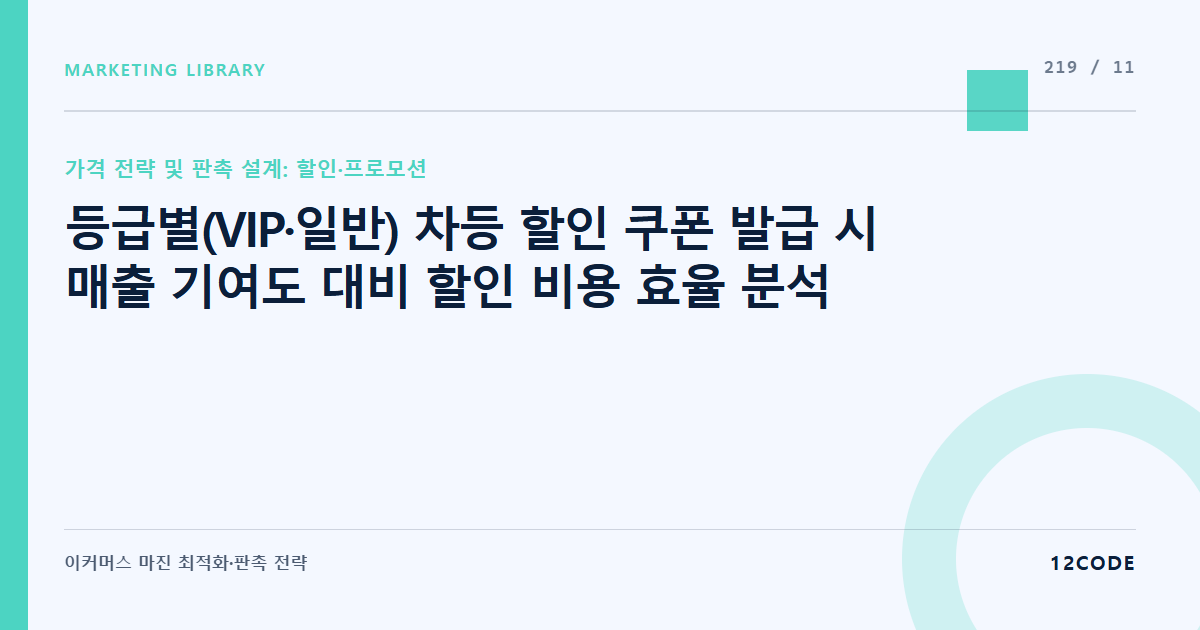 12code 라이브러리 아티클 표지. 등급별(VIP·일반) 차등 할인 쿠폰 발급 시 매출 기여도 대비 할인 비용 효율 분석
