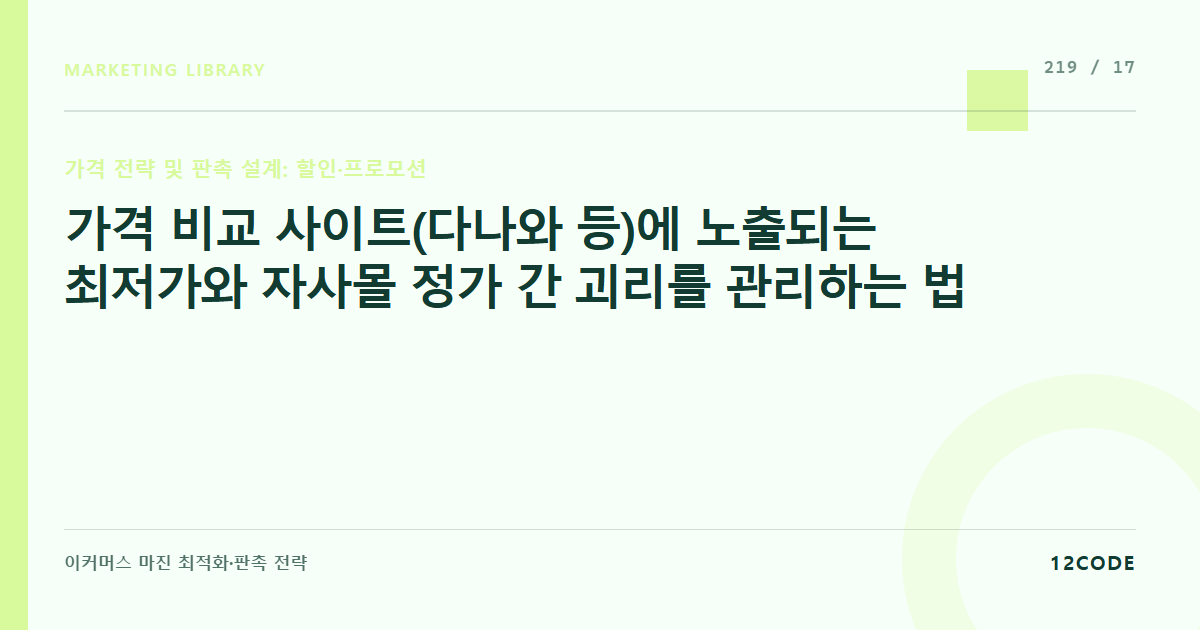 12code 라이브러리 아티클 표지. 가격 비교 사이트(다나와 등)에 노출되는 최저가와 자사몰 정가 간 괴리를 관리하는 법