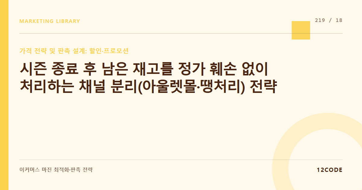 12code 라이브러리 아티클 표지. 시즌 종료 후 남은 재고를 정가 훼손 없이 처리하는 채널 분리(아울렛몰·땡처리) 전략