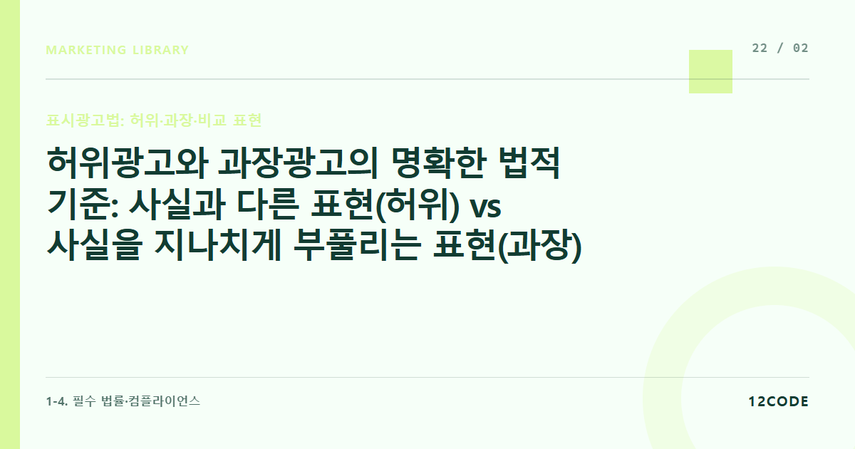 12code 라이브러리 아티클 표지. 허위광고와 과장광고의 명확한 법적 기준: 사실과 다른 표현(허위) vs 사실을 지나치게 부풀리는 표현(과장)