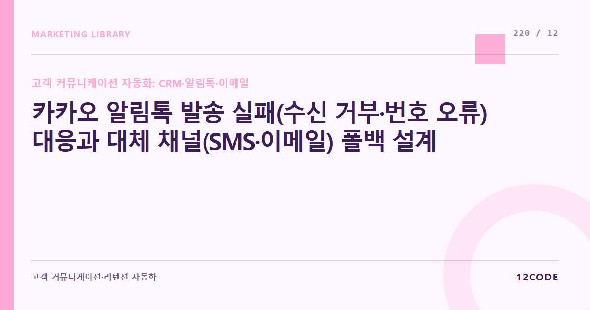 12code 라이브러리 아티클 표지. 카카오 알림톡 발송 실패(수신 거부·번호 오류) 대응과 대체 채널(SMS·이메일) 폴백 설계