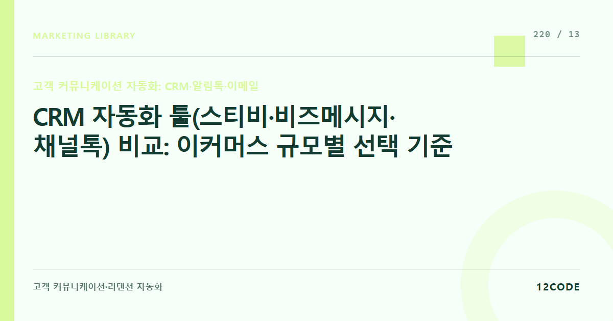 12code 라이브러리 아티클 표지. CRM 자동화 툴(스티비·비즈메시지·채널톡) 비교: 이커머스 규모별 선택 기준