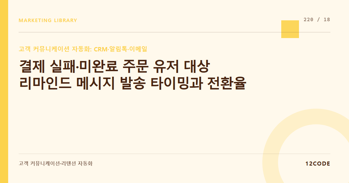 12code 라이브러리 아티클 표지. 결제 실패·미완료 주문 유저 대상 리마인드 메시지 발송 타이밍과 전환율