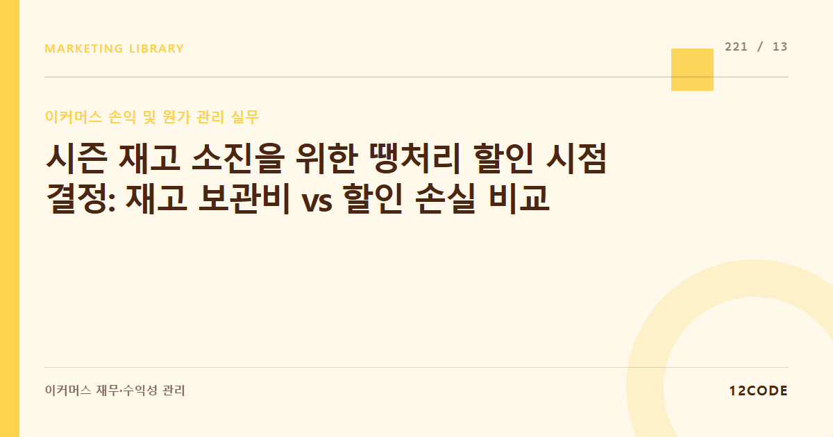 12code 라이브러리 아티클 표지. 시즌 재고 소진을 위한 땡처리 할인 시점 결정: 재고 보관비 vs 할인 손실 비교