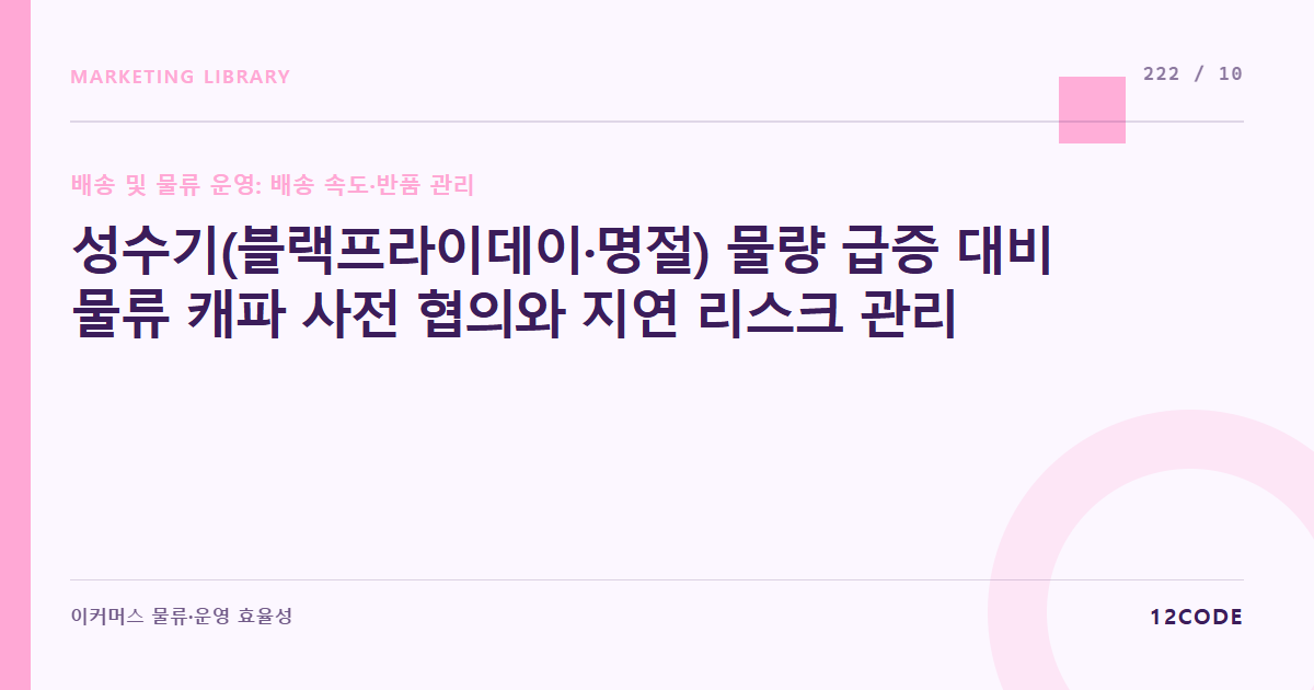 12code 라이브러리 아티클 표지. 성수기(블랙프라이데이·명절) 물량 급증 대비 물류 캐파 사전 협의와 지연 리스크 관리
