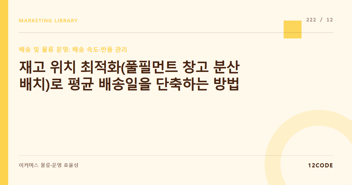 12code 라이브러리 아티클 표지. 재고 위치 최적화(풀필먼트 창고 분산 배치)로 평균 배송일을 단축하는 방법